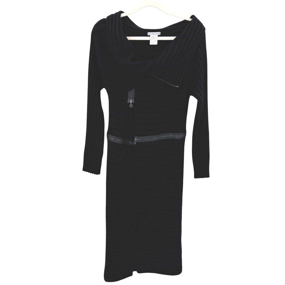 Sarah Pacini Black Merino Wool Ribbed Knit Asymmetrical Zip Midi Cardigan One Sz